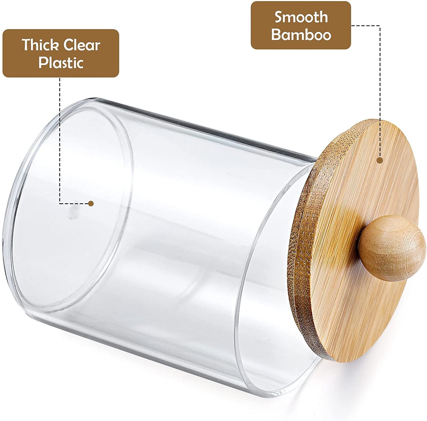 4 Pack Qtip Holder Dispenser with Bamboo Lids - 10 Oz Clear Plastic Apothecary Jar