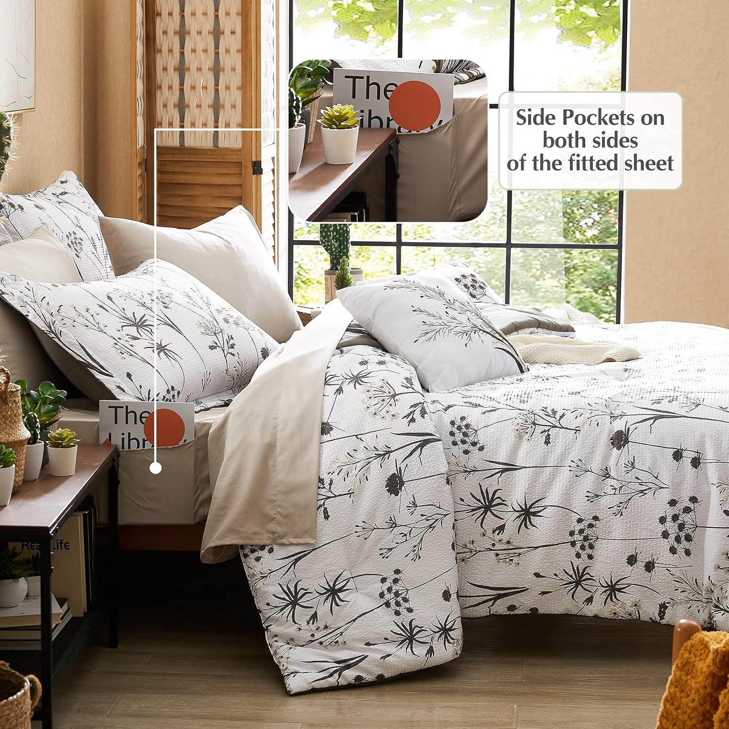 Dandelion Plant Comforter Set with Flowers Leaves Pattern, White and Grey Queen Size, 8pc (90"X90")