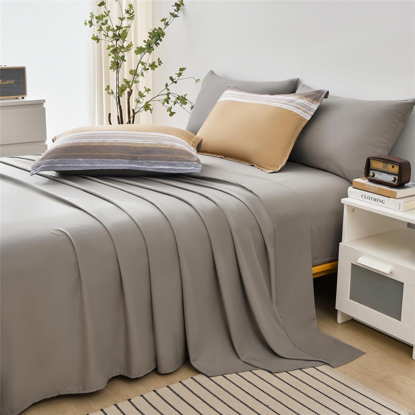 7 Piece Bed in a Bag Stripe Comforter Set Full Size, White Grey Khaki Striped Comforter and Sheet Set (Khaki,Full)