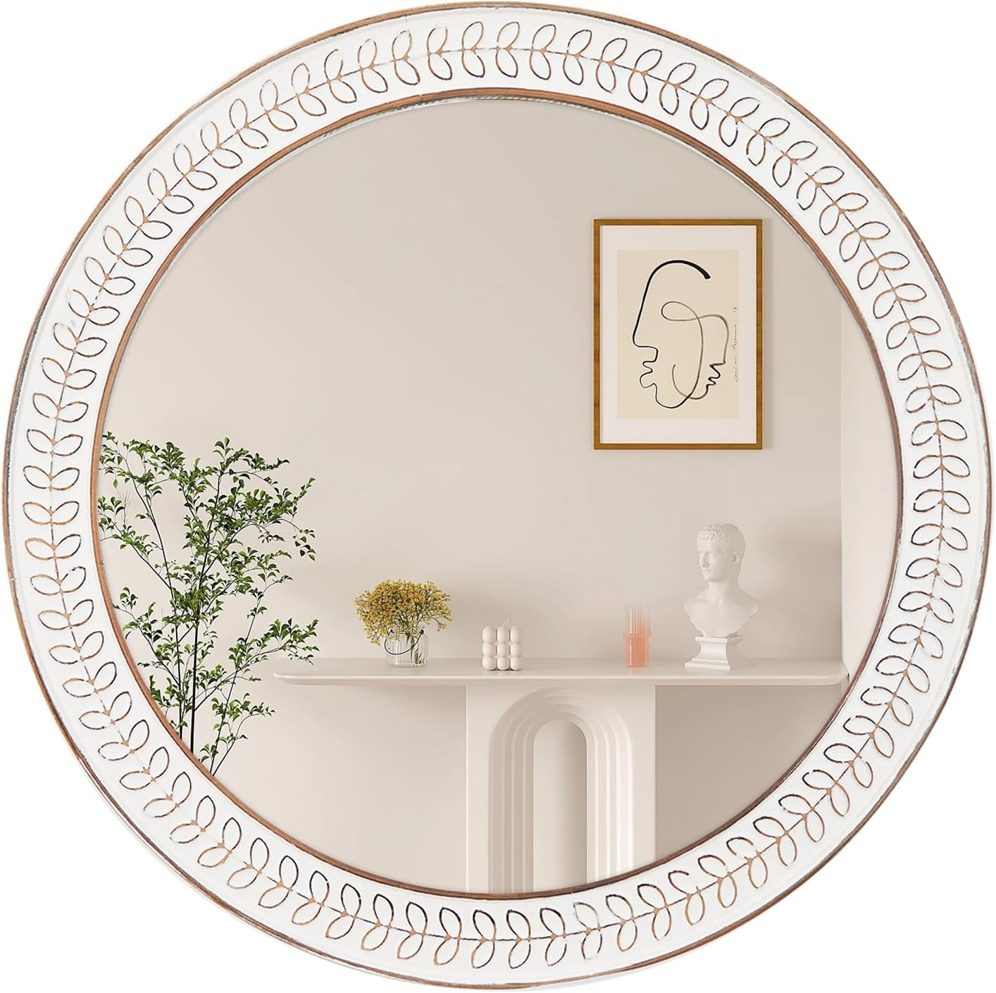 26 Inch round Mirrors for Wall, Wood Circle Mirror with Carved Frame - White