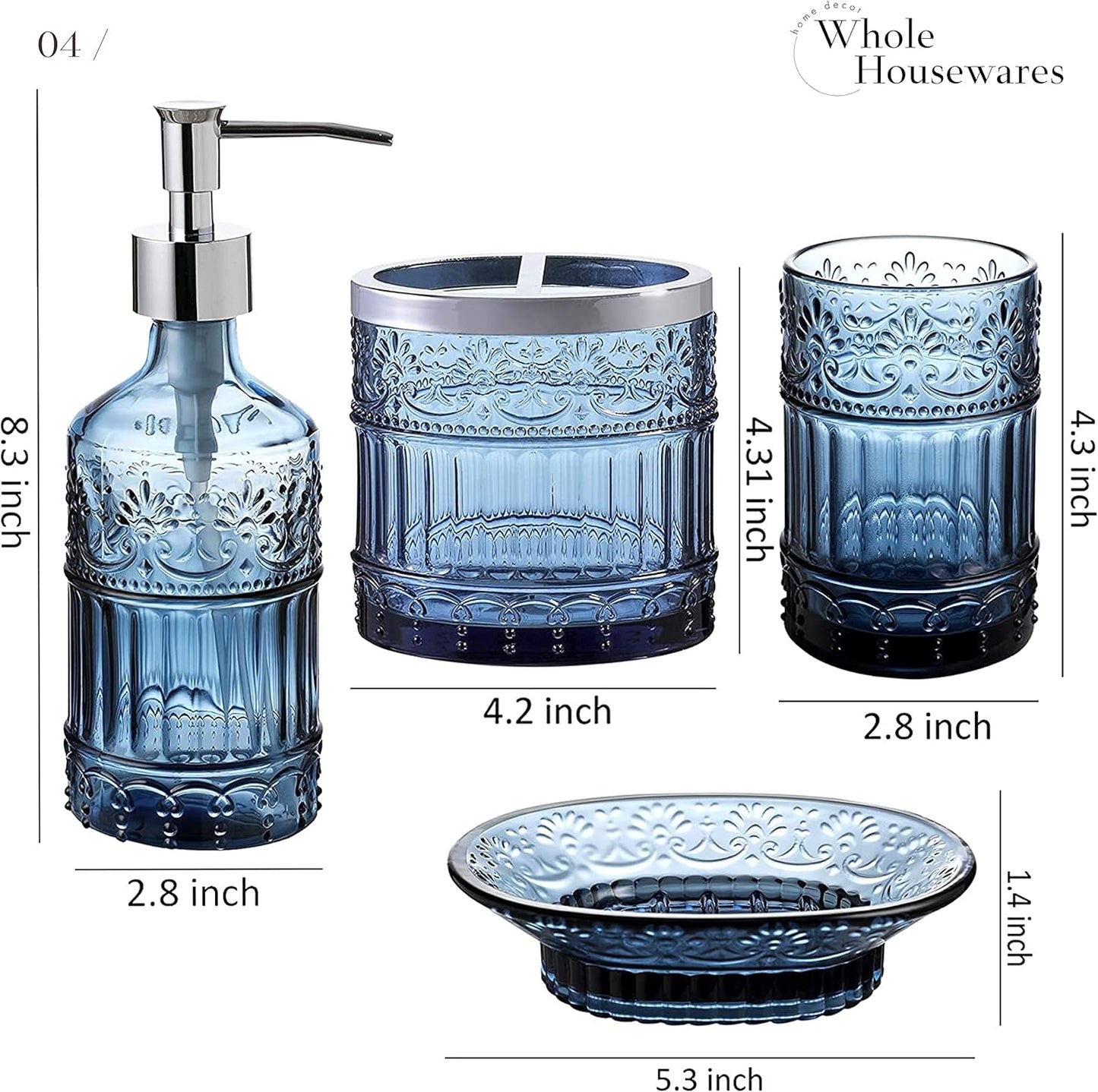 4-Piece Decorative Blue Glass Bathroom Decor Accessories Set
