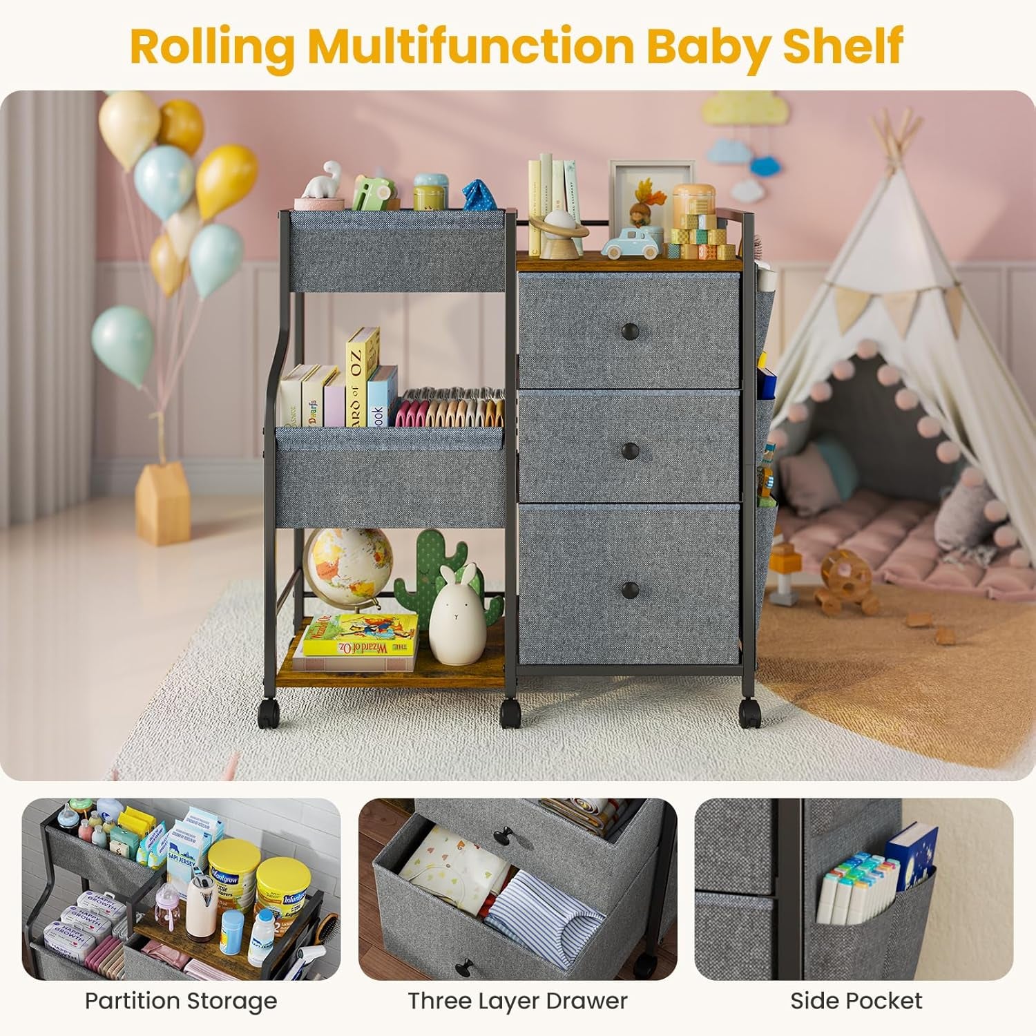 Baby Diaper Caddy, 3 Tier Baby Organizer and Storage Cart with Dividers and Drawers, Mobile Utility Rolling Cart, Grey