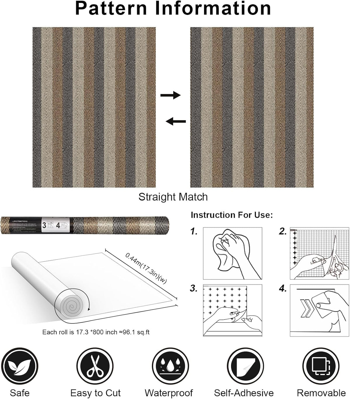 Textured Fabric Geometric Peel and Stick Wallpaper 17.3"X800" Black/Grey/Brown Stripes