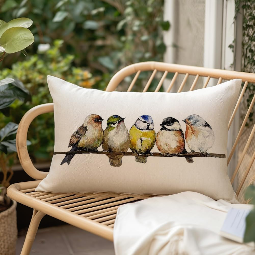Watercolor Birds Pillows Decorative Throw Pillows 12X20, Hand-Painted Oil Painting