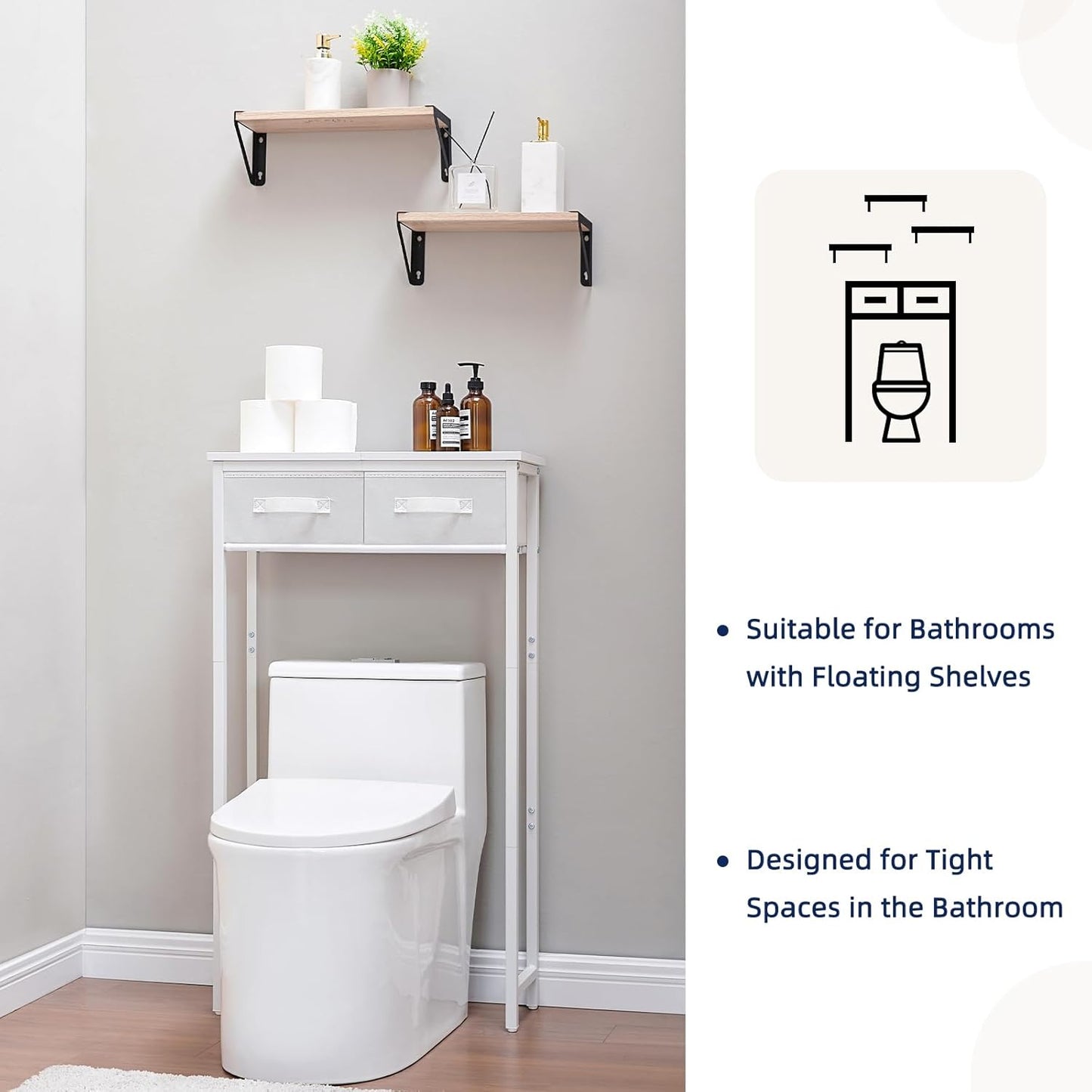 2-Tier over the Toilet Storage with 2 Fabric Drawers, Freestanding above the Toilet Storage Cabinet, Shelf for Small Space, White