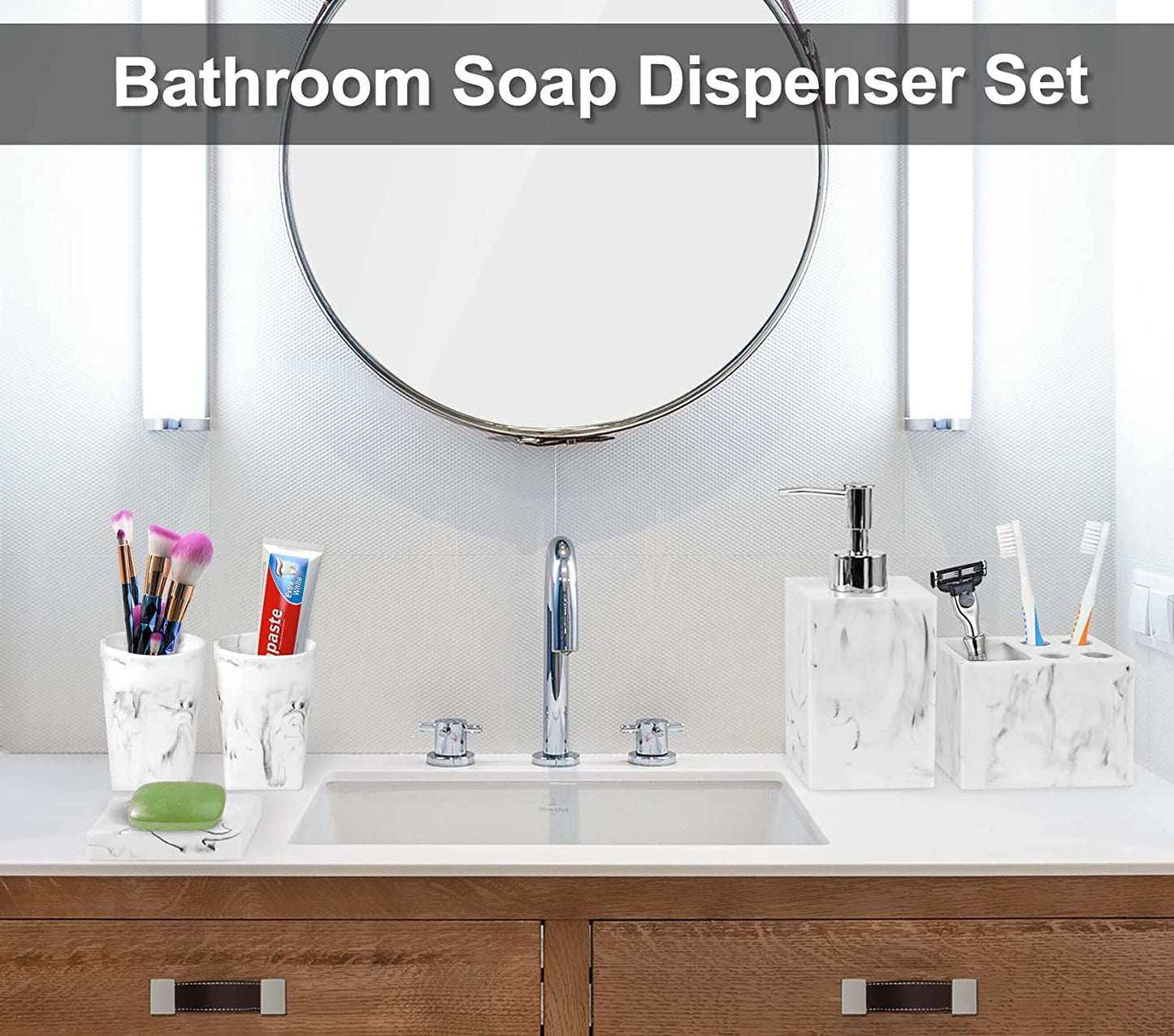 Bathroom Accessories Set, 5 Pcs Marble, Ink White