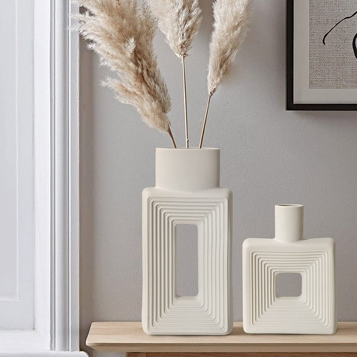 White Ceramic Vase Set of 2,Square Vase Rustic Home Decor Minimalist Nordic Boho Style for Living Room, Shelf, Table, Bookshelf, Mantel and Entryway Decor Vases