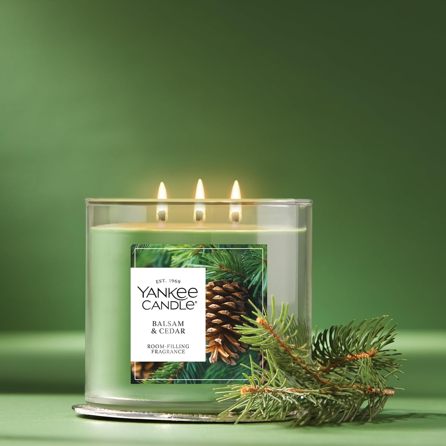 3 Wick Candle Jar, Soy Wax Blend for Consistent Long-Lasting Scent, Balsam & Cedar