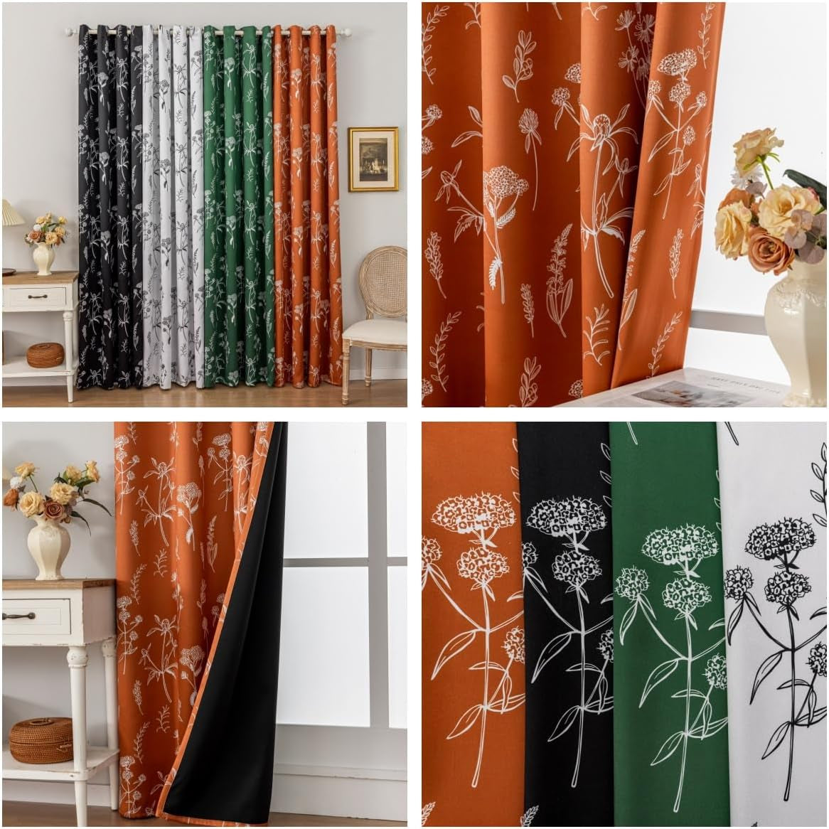 Burnt Orange Floral Curtains 100% Blackout Curtains for Bedroom 84 Inch Long 2 Panels,52Wx84L