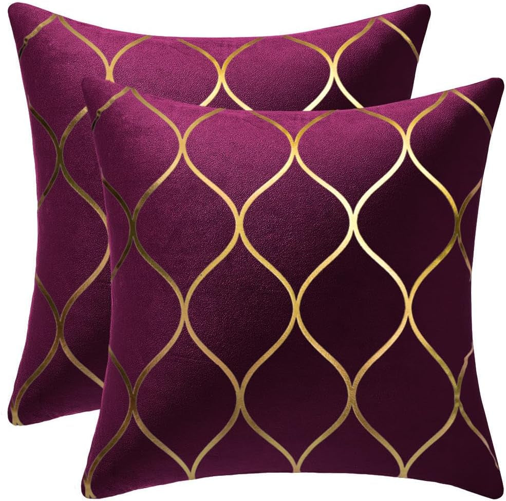 Gold Velvet Throw Pillow Covers Purple: 2 Pack 20X20 Inch