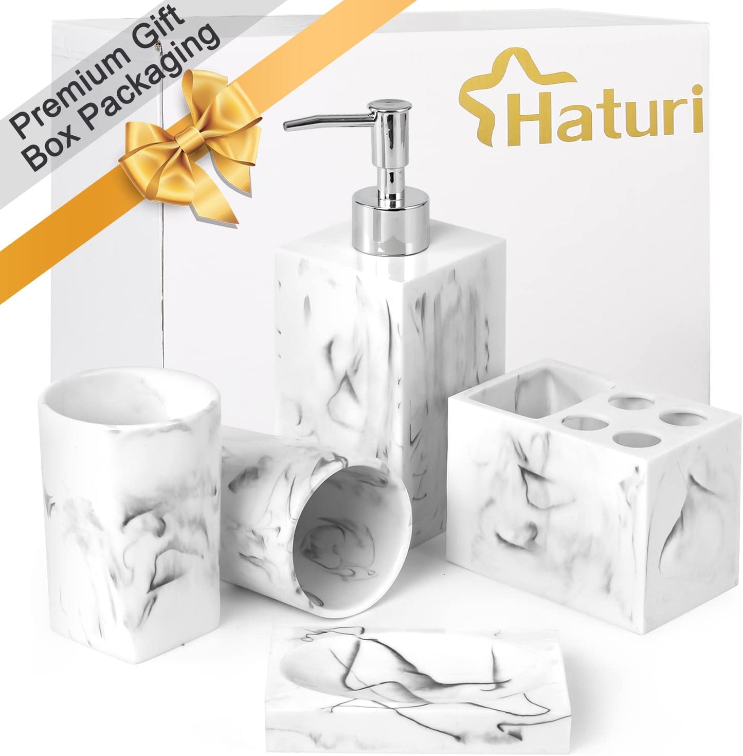 Bathroom Accessories Set, 5 Pcs Marble, Ink White