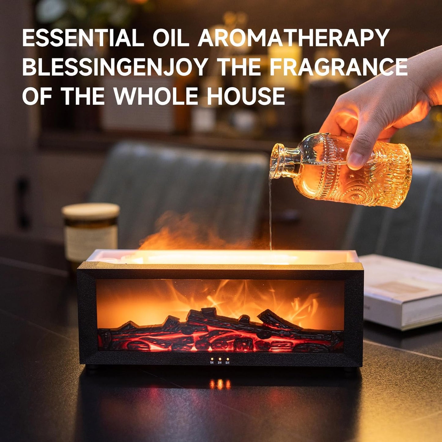 Fireplace Flame Air Diffuser Humidifier,7 Colors Aromatherapy Essential Oil Diffuser (Black, L)