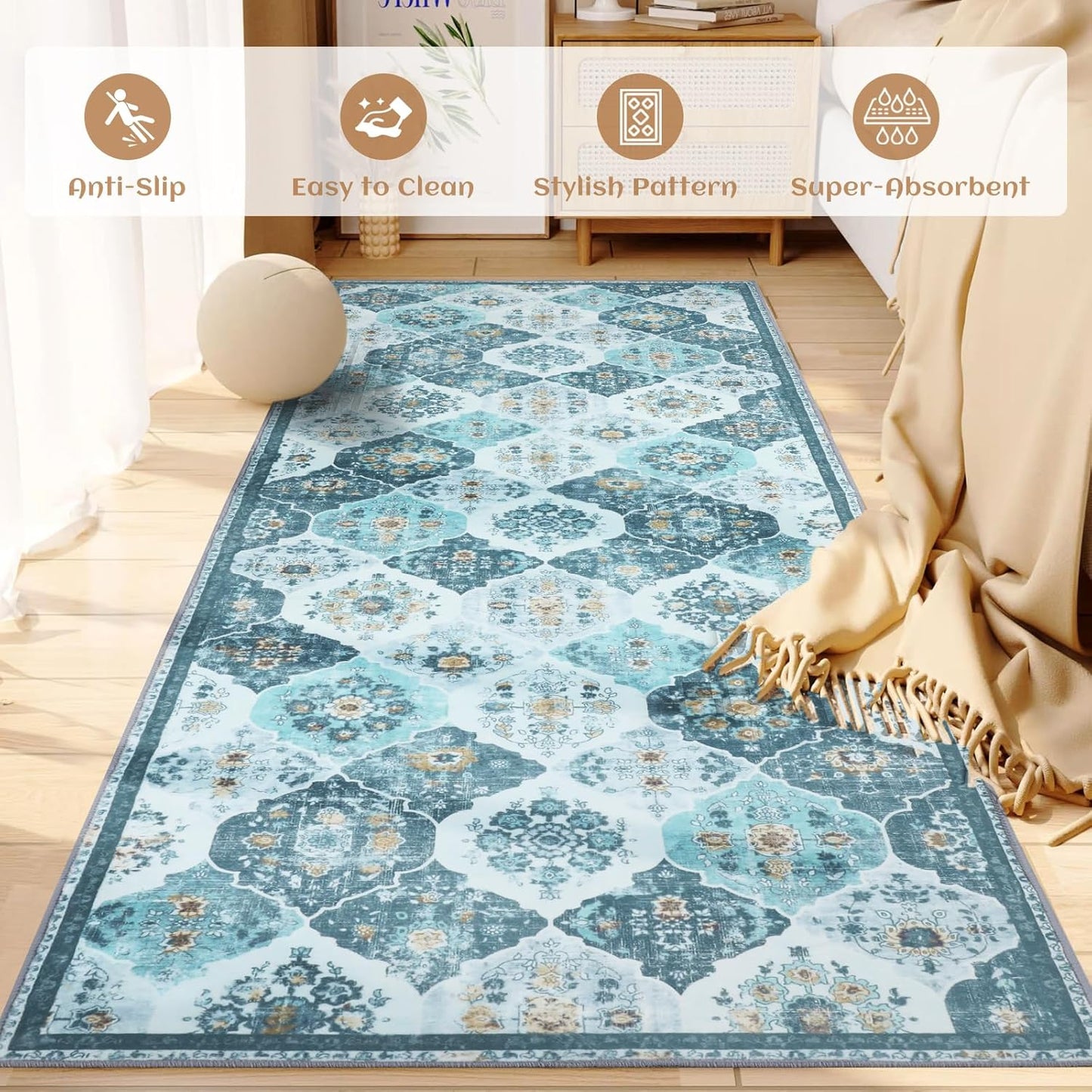 Area Rug, 5X7 Washable Boho Throw Rugs, Moroccan Trellis Bohemian Turquoise Ultra Soft- Teal/Multi