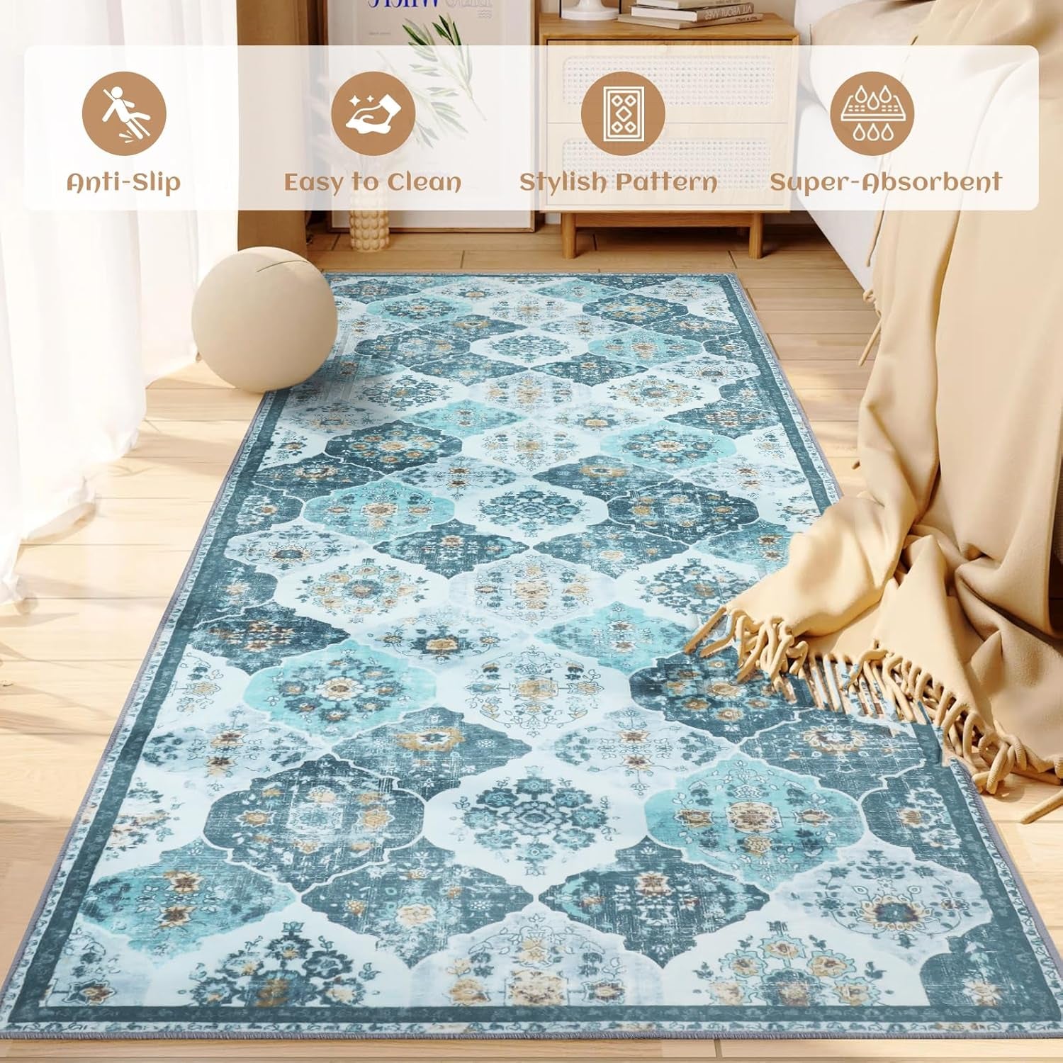 Area Rug, 5X7 Washable Boho Throw Rugs, Moroccan Trellis Bohemian Turquoise Ultra Soft- Teal/Multi