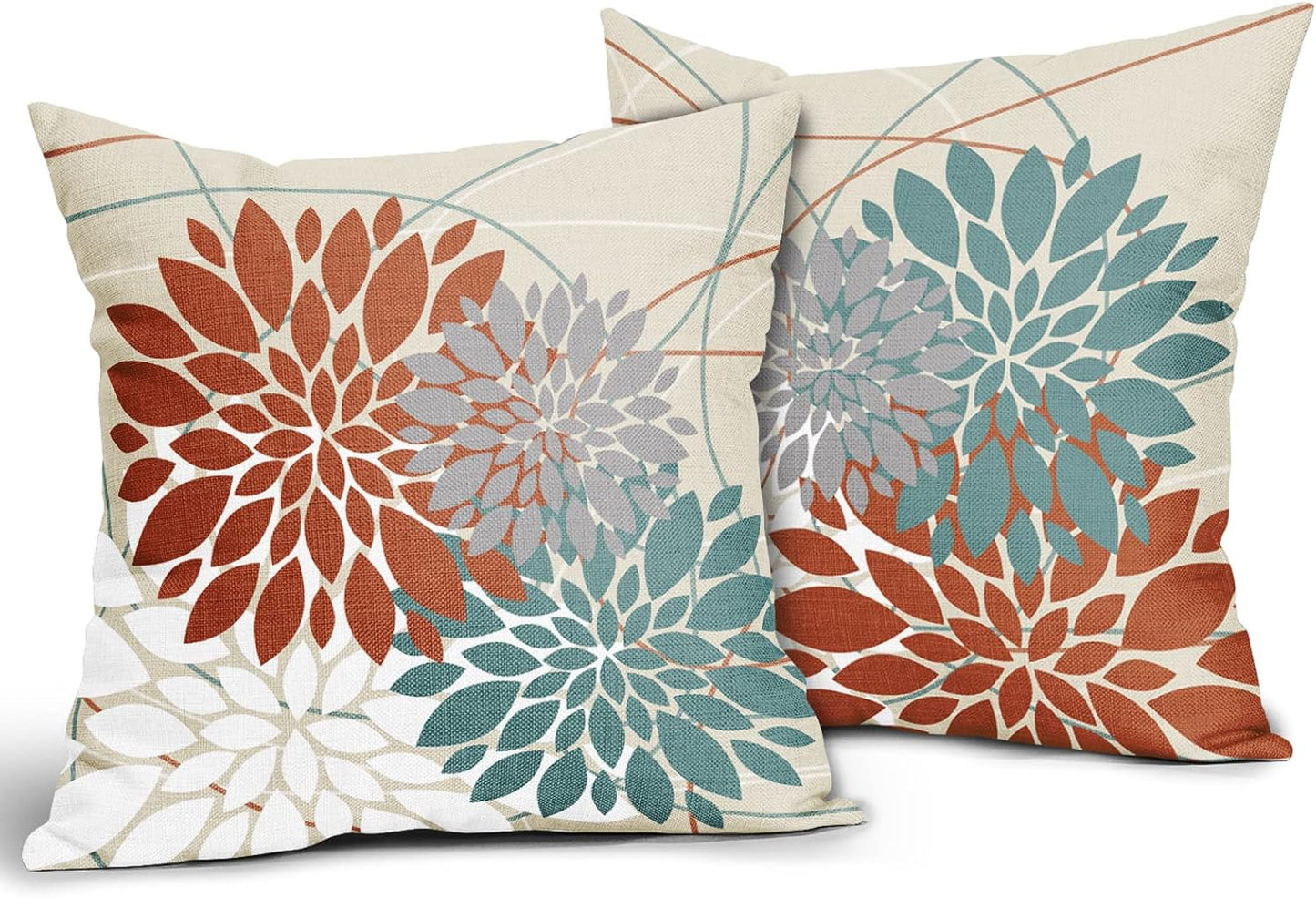 Orange Aqua Throw Pillow Covers 16X16 Dahlia Flower White Gray Elegant Colored, Set of 2