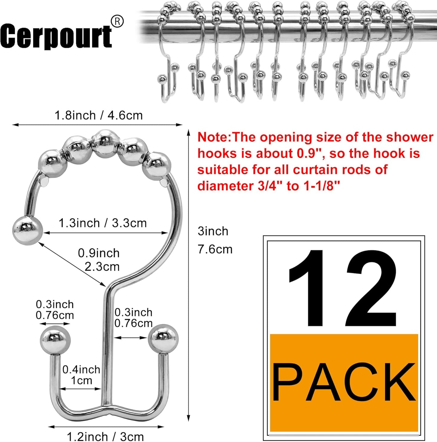 Shower Curtain Hooks,12 Pcs Rustproof Metal Shower Curtain Rings, Free Sliding Double Shower Hooks for Shower Curtain & Liners(Silver)