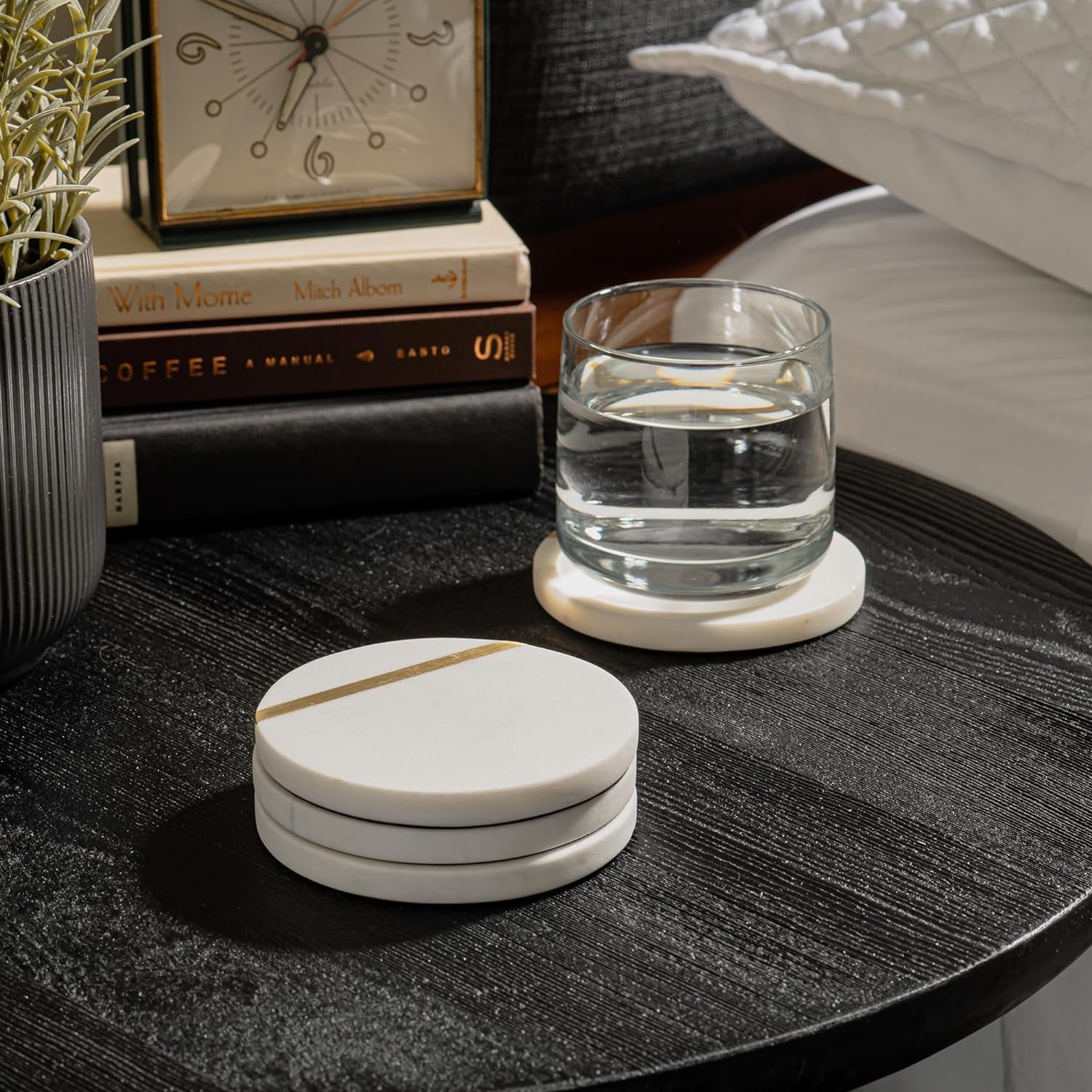 Marble Coasters Set of 6 - Luxury Aesthetic Modern Decor for Coffee Table- White Marble with Gold Brass Inlay
