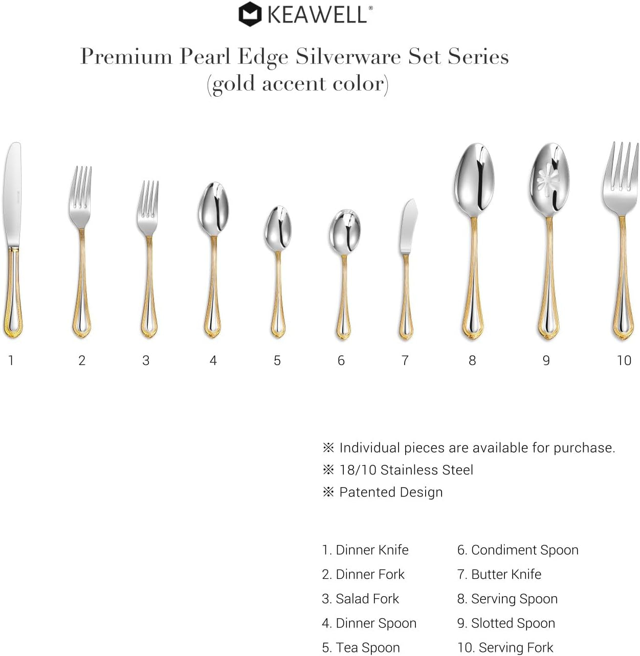 Pearl Edge Premium 20-Piece Refined Bead Silverware Set, (20, Gold Accent)