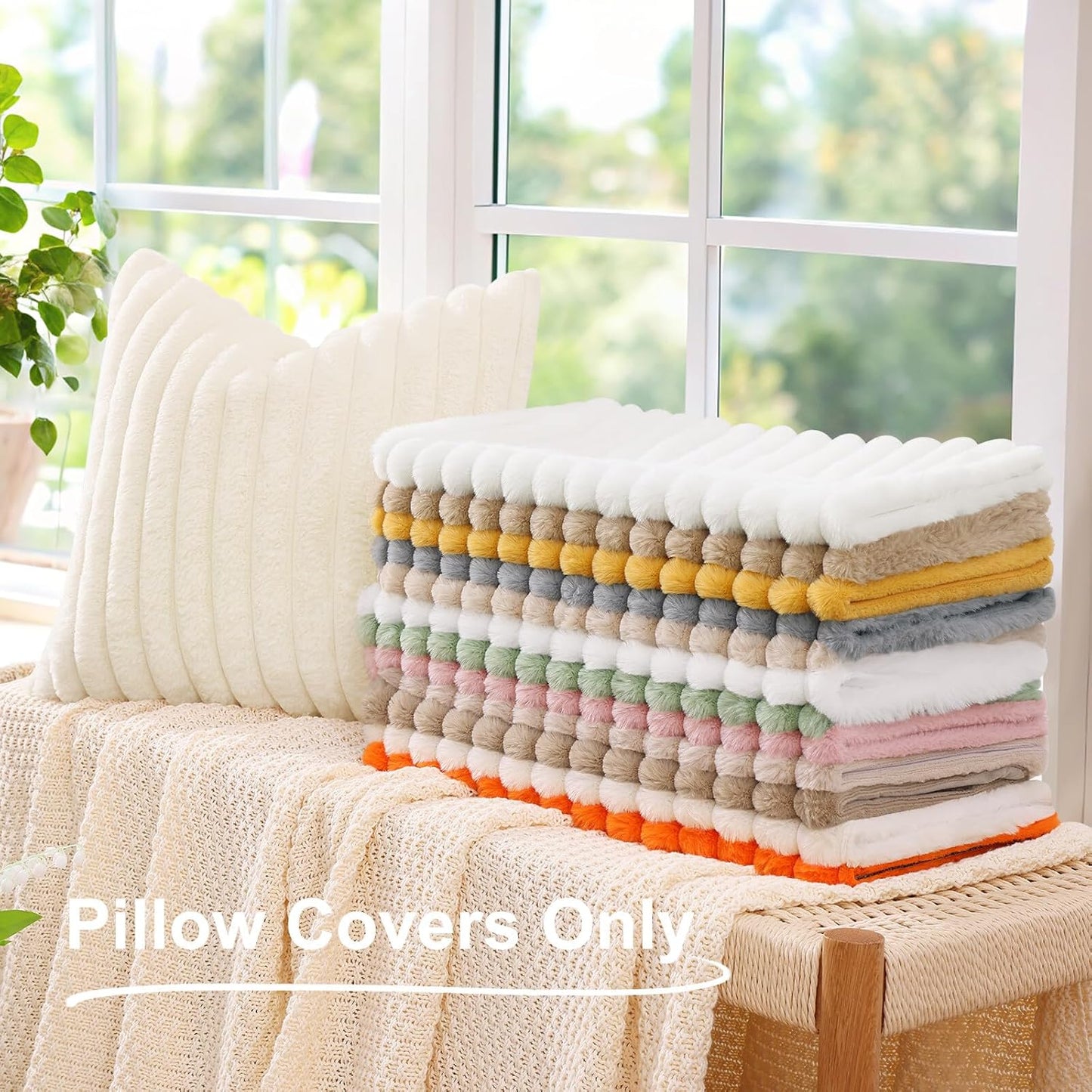 Faux Fur Throw Pillow Covers 18X18 Set of 2, Decorative Soft Plush Striped, Mustard Yellow