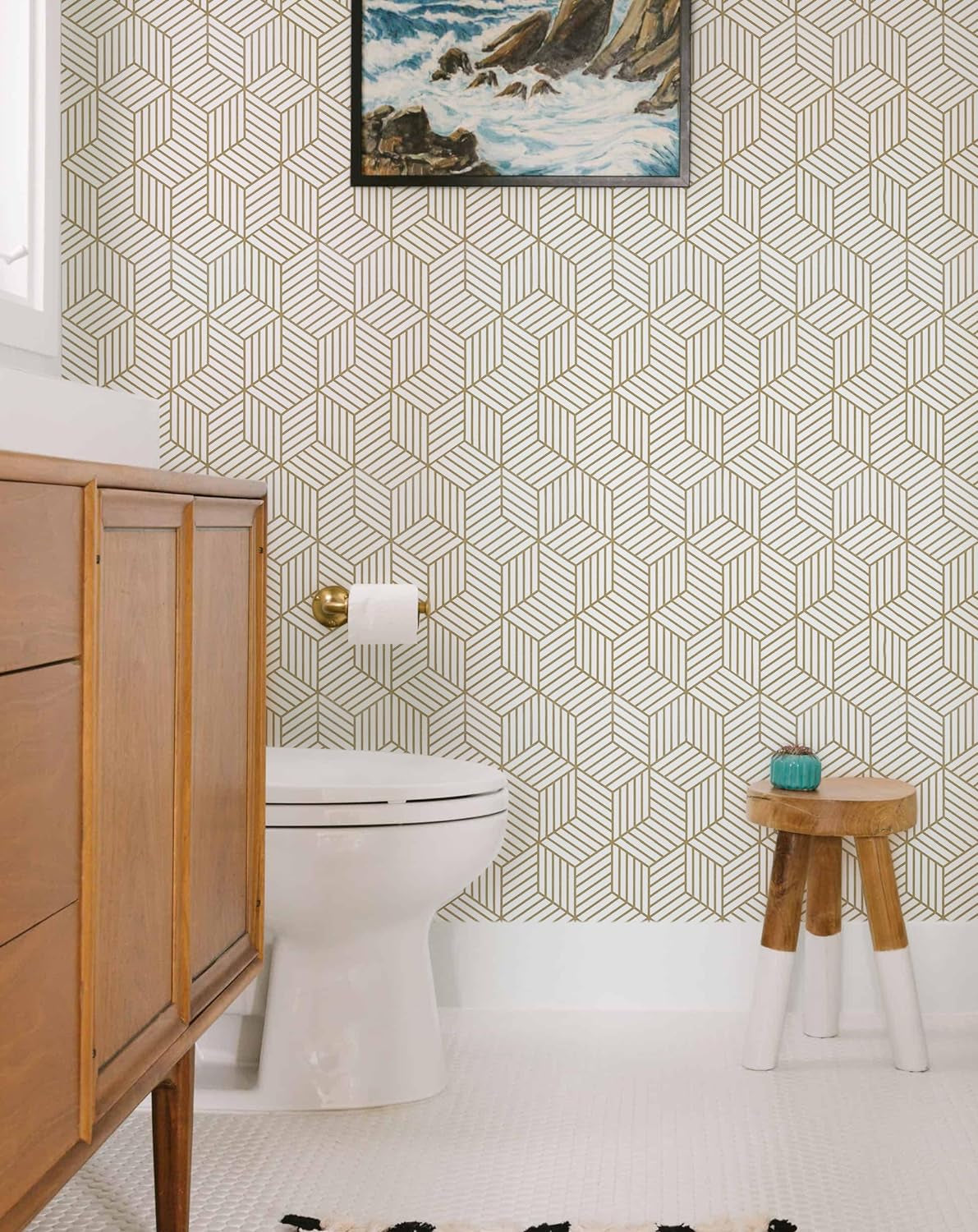Gold and White Geometric Wallpaper Peel and Stick Hexagon