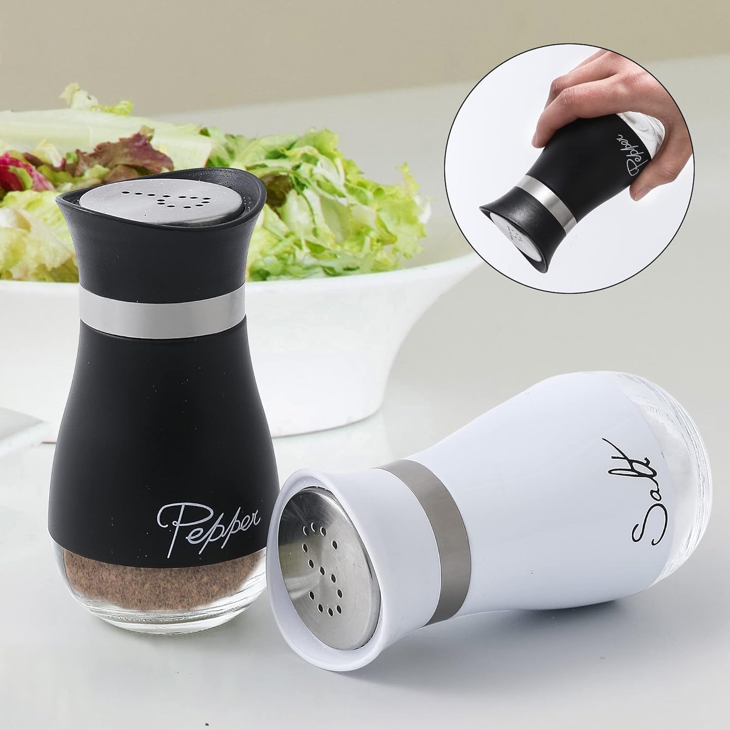 Salt and Pepper Shakers Set - Salt Containers for Kitchen Decor, 4 Oz Glass Bottom, Black and White, Set of 2