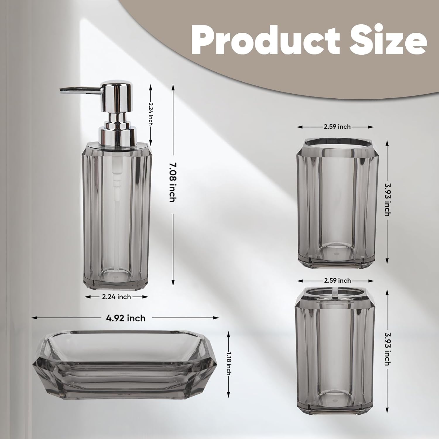 4 Piece Premium Acrylic Bathroom Accessory Set, (Brushed Gray)