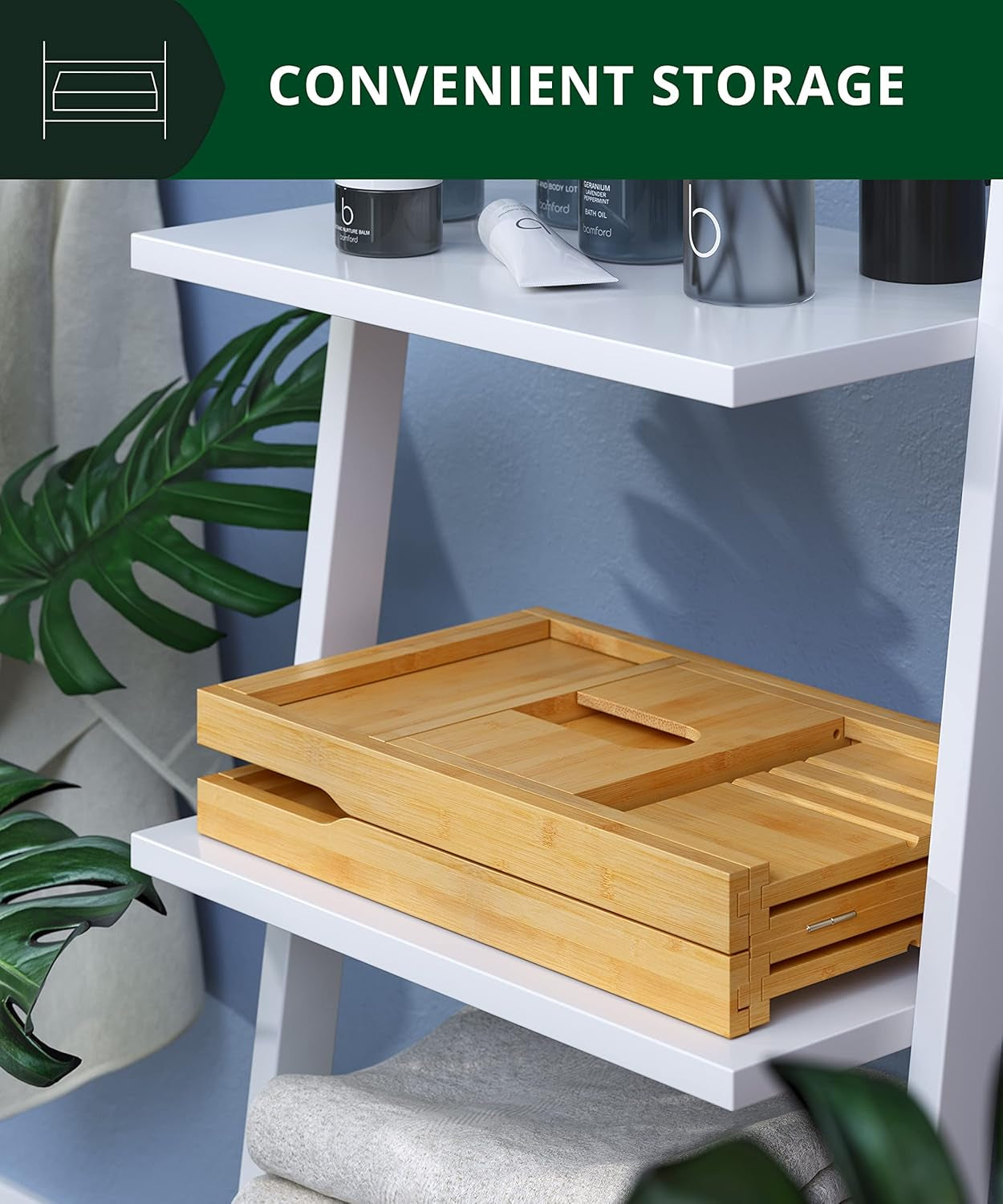Premium Foldable Bathtub Tray - Wood Bath Tray for Tub, Bamboo Shelf