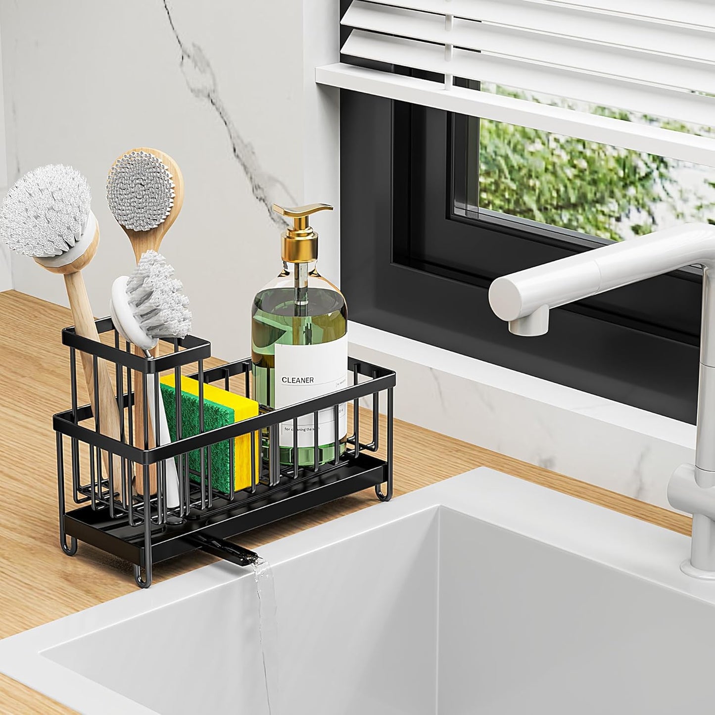 Black Sponge Holder for Kitchen Sink, Sink Caddy Organizer with High Brush Holder, Storage Essentials, Rustproof 304 Stainless Steel