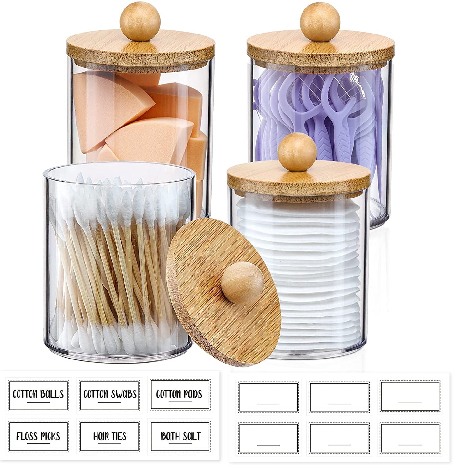 4 Pack Qtip Holder Dispenser with Bamboo Lids - 10 Oz Clear Plastic Apothecary Jar