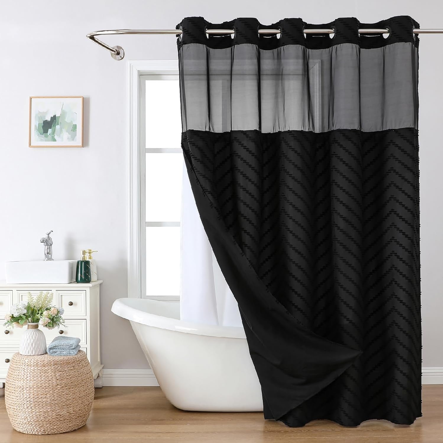 No Hook Tufted Chevron Striped Shower Curtain with Snap-In Fabric Liner Set-71Wx74H(72H), Black