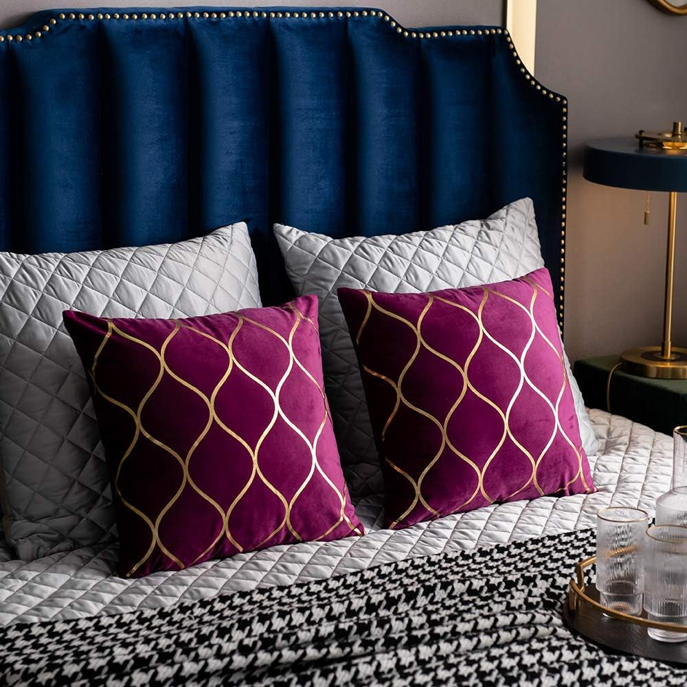 Gold Velvet Throw Pillow Covers Purple: 2 Pack 20X20 Inch
