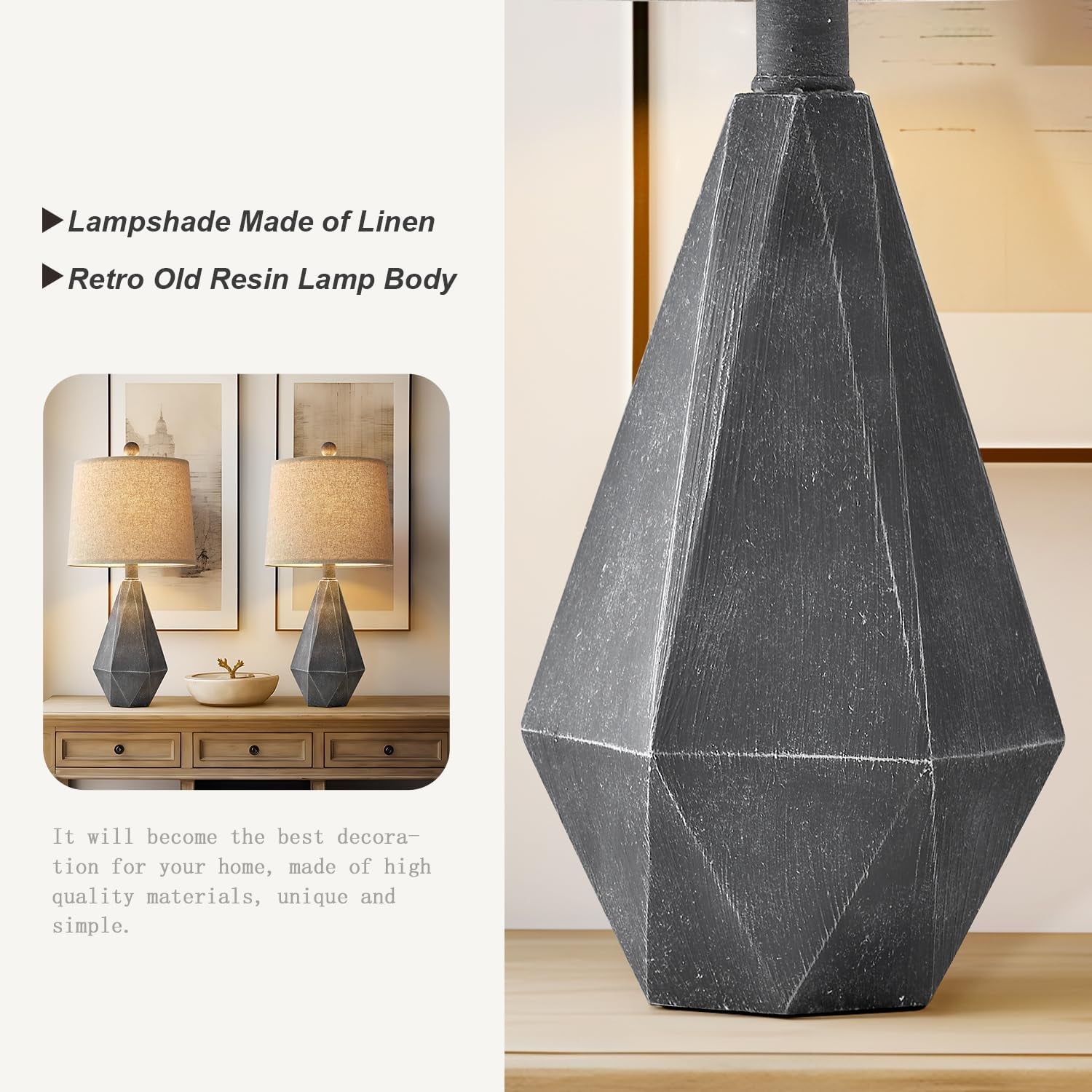 Rustic Farmhouse Side Table Lamp, Sets of 2, Deep Grey Contemporary Classic Lamp, 20.25"