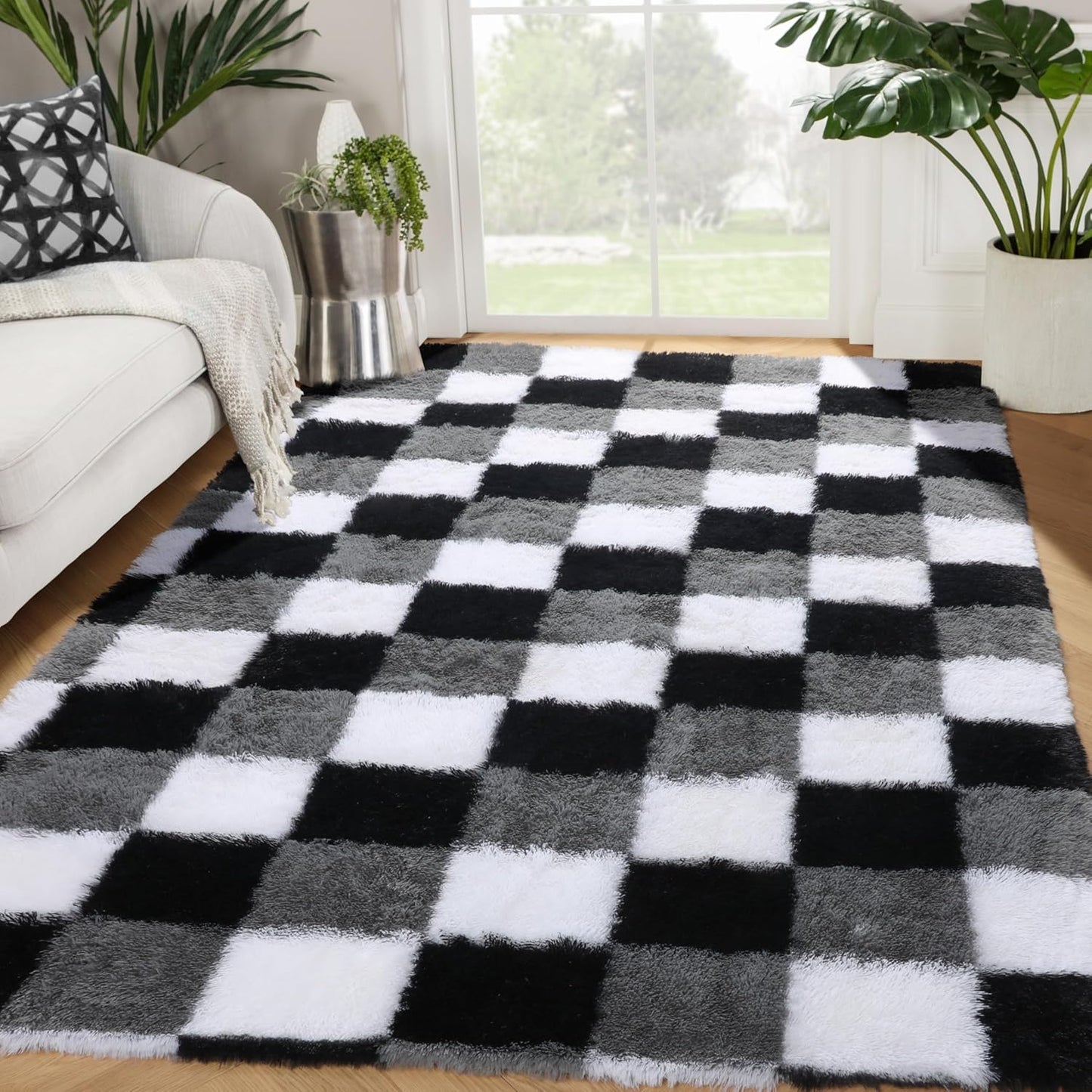 Area Rugs for Bedroom, 4X6 Fluffy Soft Black White Grey Checkered Rug Fuzzy Shag Shaggy Floor Carpet