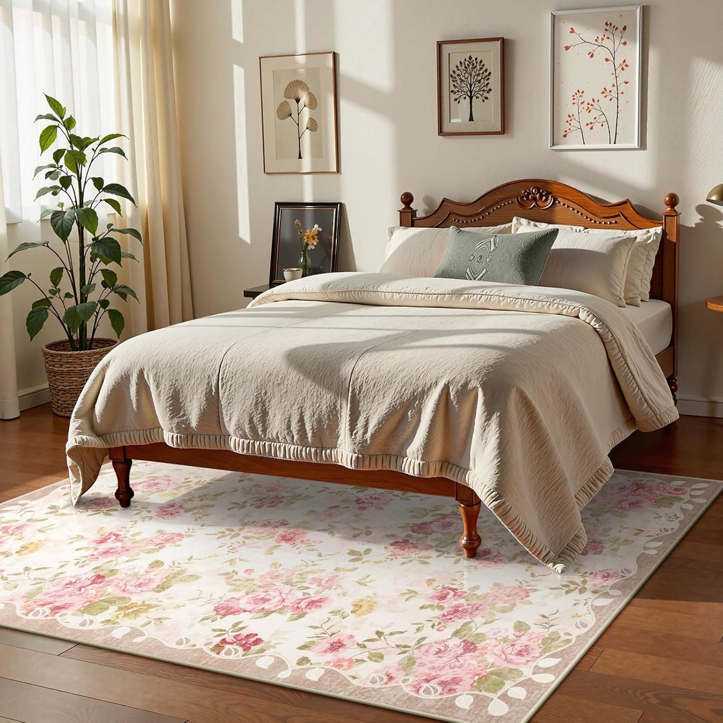 Floral Washable Rugs 5X7, Rugs for Living Room Boho Area Rug, Vintage (5'X7, Beige)