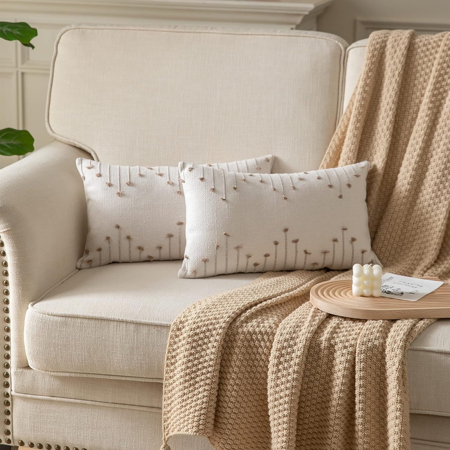 Boho Throw Pillow Covers 12X20 Set of 2 Decorative Pillows. Beige with Tan Line