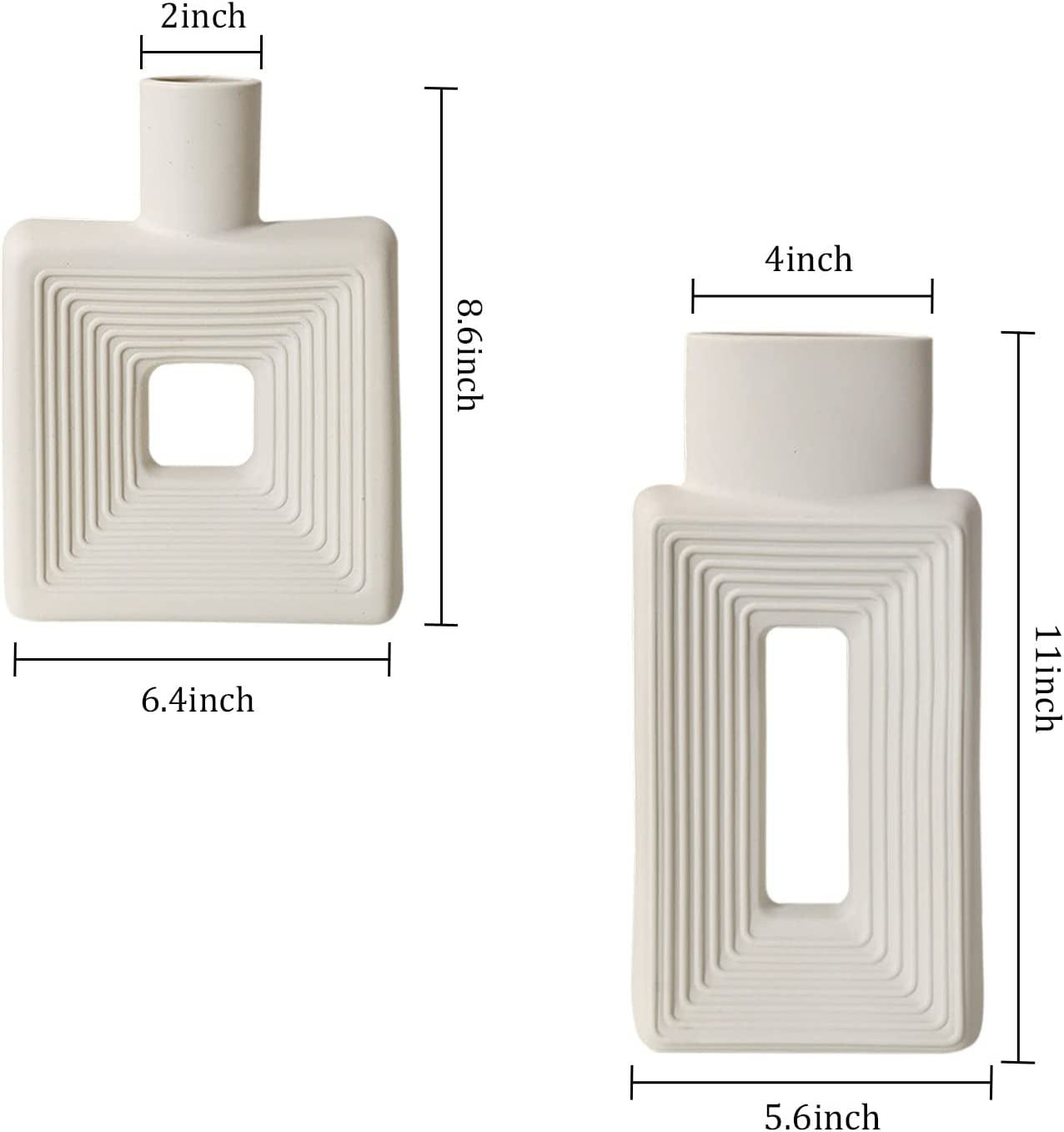 White Ceramic Vase Set of 2,Square Vase Rustic Home Decor Minimalist Nordic Boho Style for Living Room, Shelf, Table, Bookshelf, Mantel and Entryway Decor Vases
