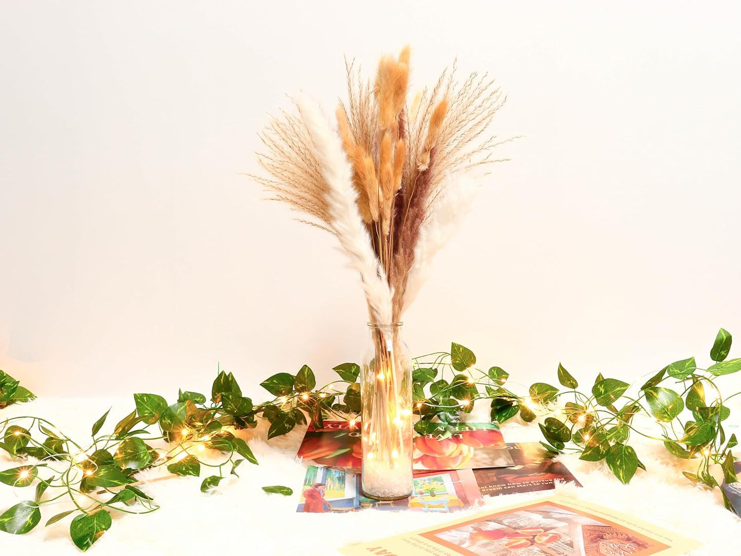 60PCS of Boho Pampas Grass in Glass Vase with LED Lights & Faux Crystals, Naturally Dried Pompas, Bunny Tails