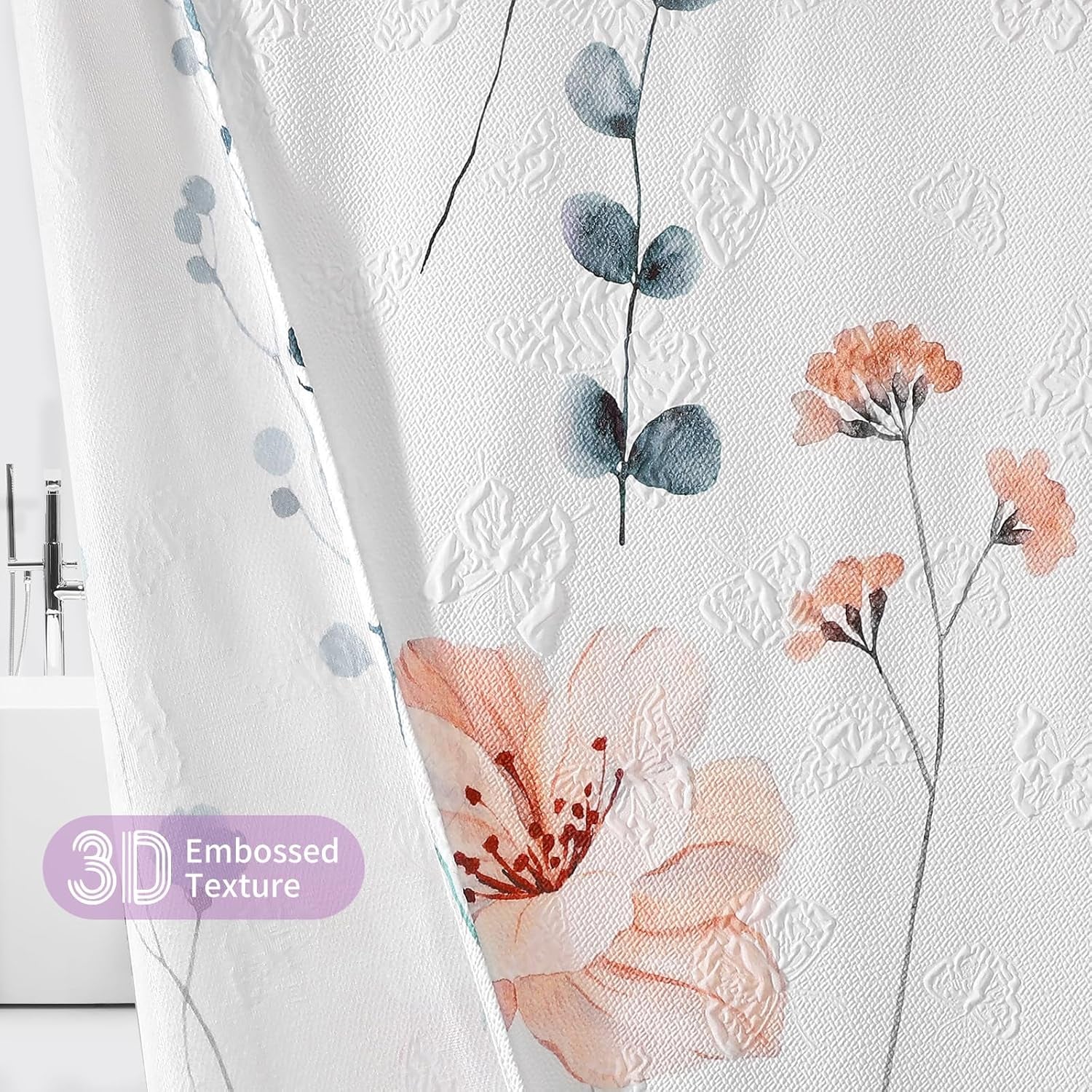 Watercolor Floral Shower Curtain, 3D Embossed Butterflies Purple Pink Flower Bathroom Curtain, Minimalist White Cloth with Hooks, 72X72