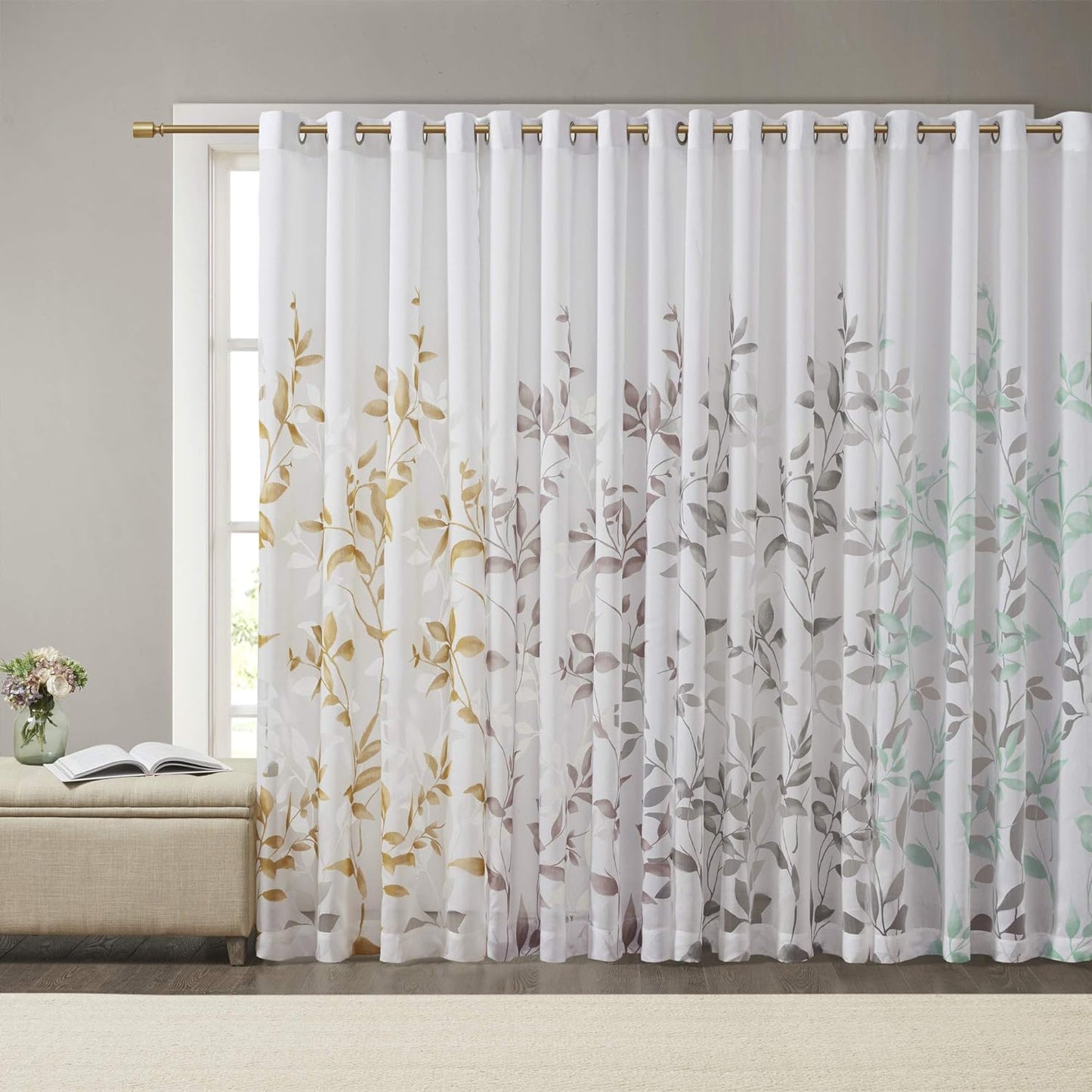 Cecily Semi Sheer SINGLE Panel Curtain, "50X84", Leaves Aqua
