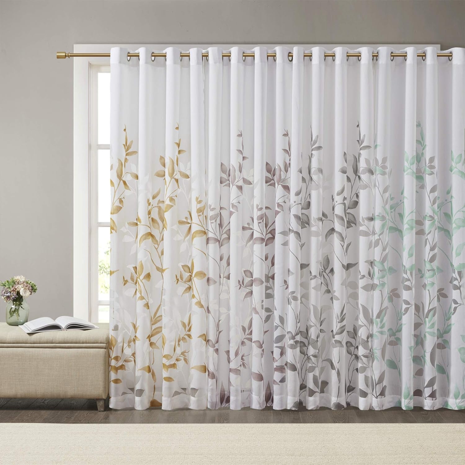 Cecily Semi Sheer SINGLE Panel Curtain, "50X84", Leaves Aqua