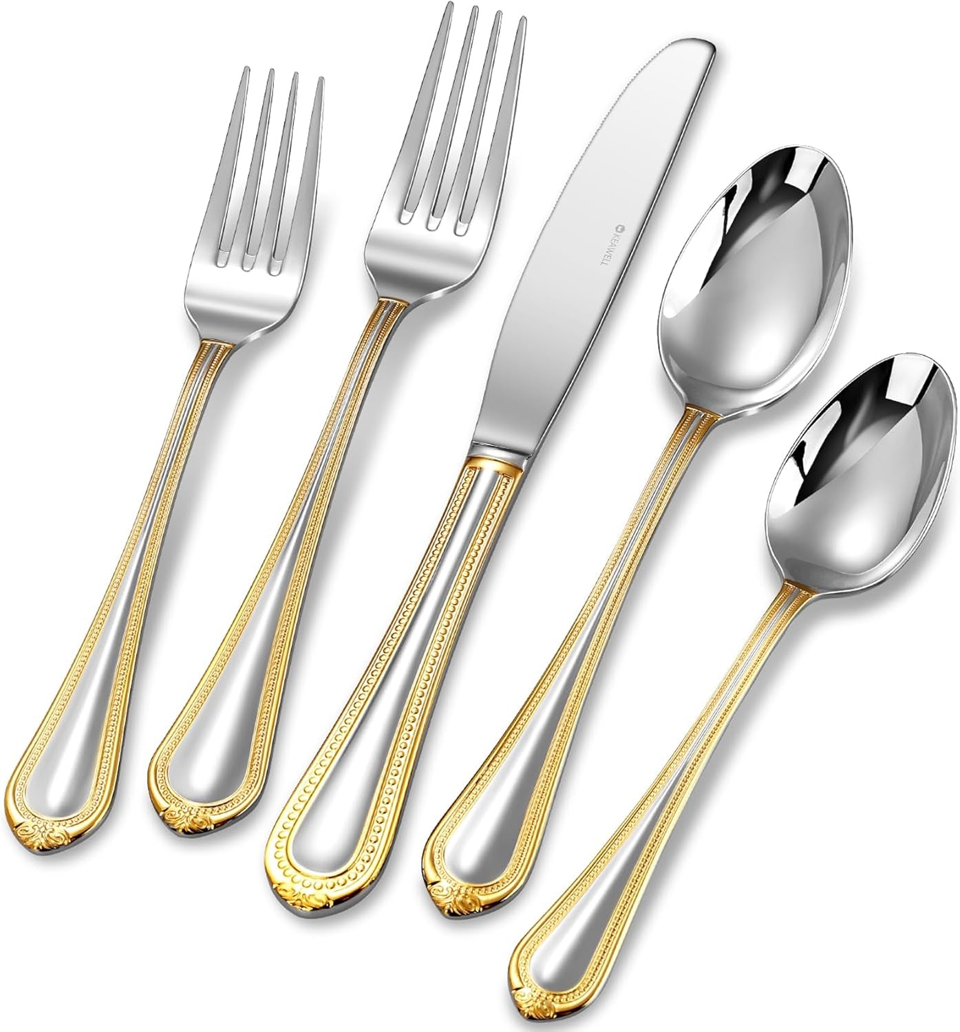 Pearl Edge Premium 20-Piece Refined Bead Silverware Set, (20, Gold Accent)