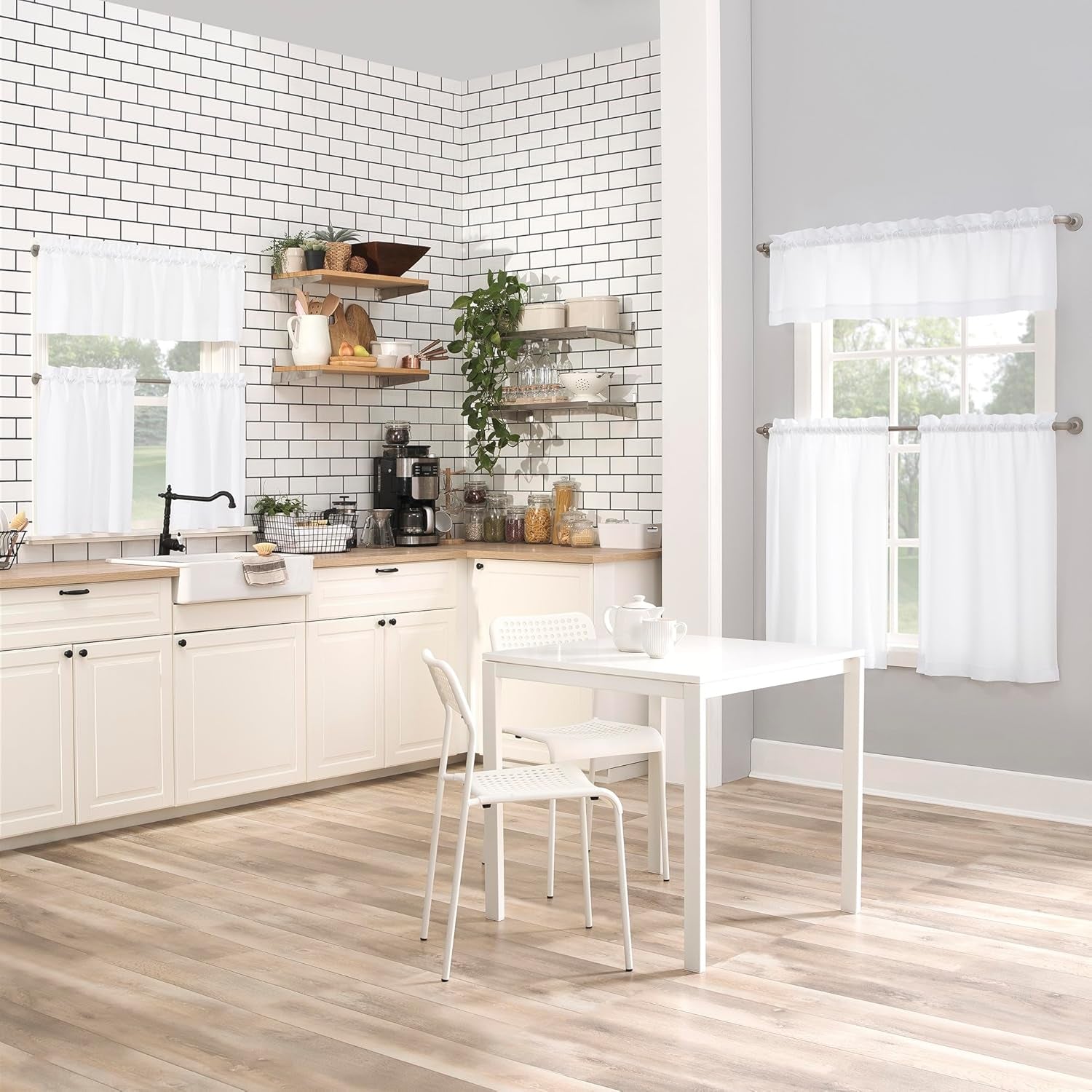 Martine Microfiber Semi-Sheer Rod Pocket Kitchen Curtain Valance and Tiers Set, 54" X 36", White