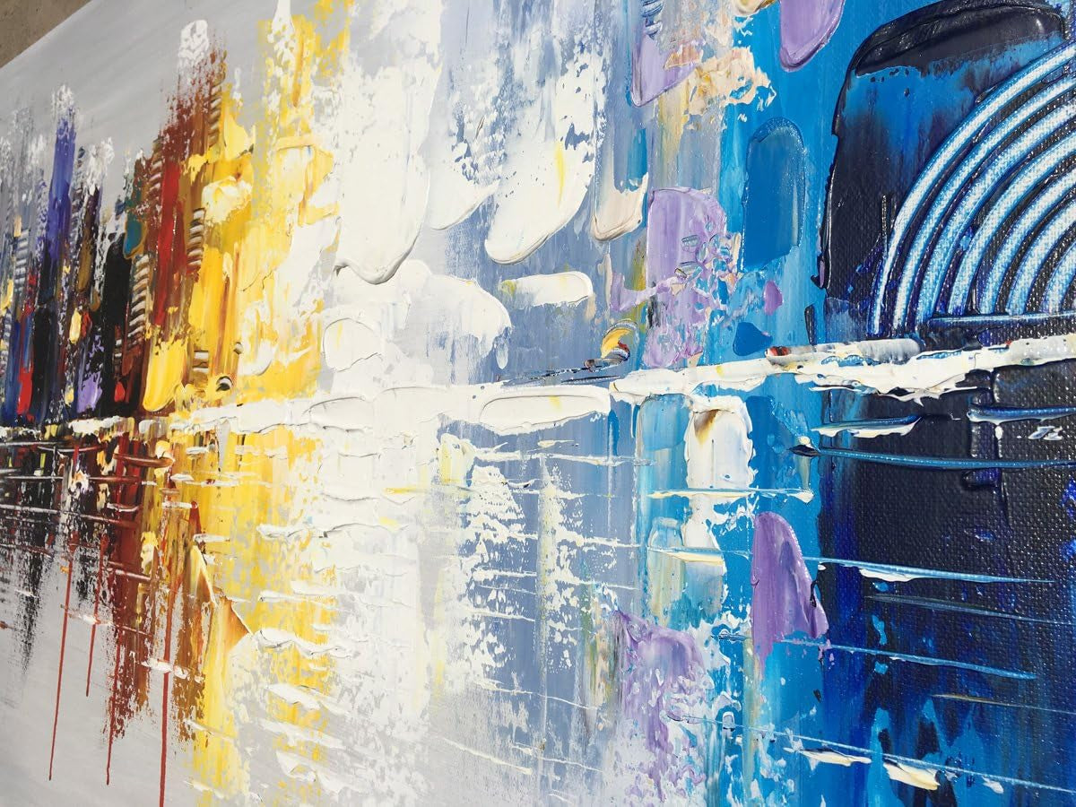 Hand-Painted Textured City Oil Painting on Canvas Reflection Abstract Cityscape Wall Art for Decor