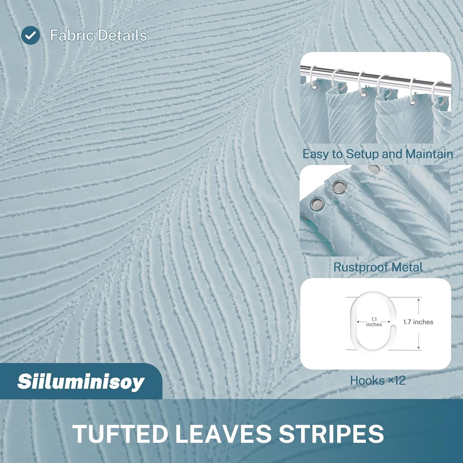 Fog Blue Boho Woven Fabric Cute Shower Curtain, 72 X 72 Tufted Leaves Textured Striped Modern Farmhouse