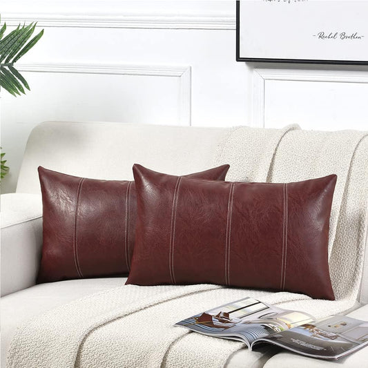 2 Packs Burgundy Lumbar Faux Leather Decorative Throw Pillow Covers 12X20 Inch