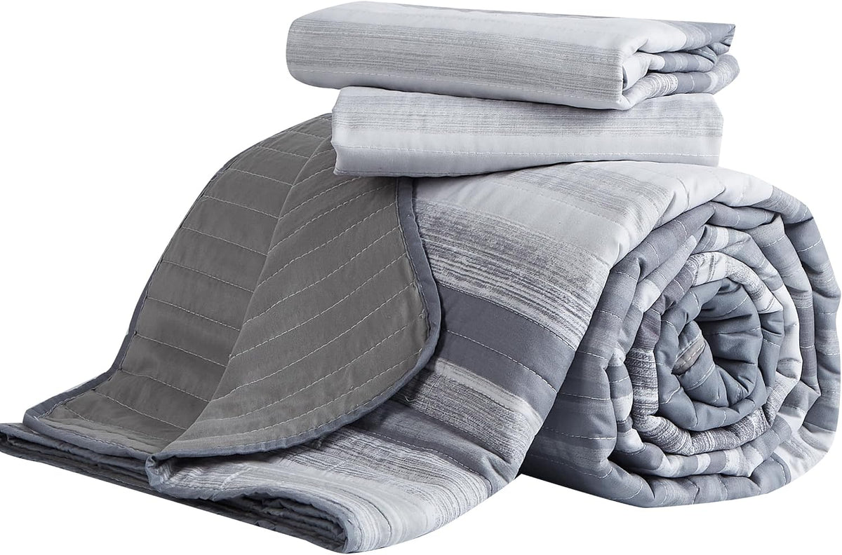 Striped King/Cal King Quilt Bedding Set, Soft Coverlet, Light Grey