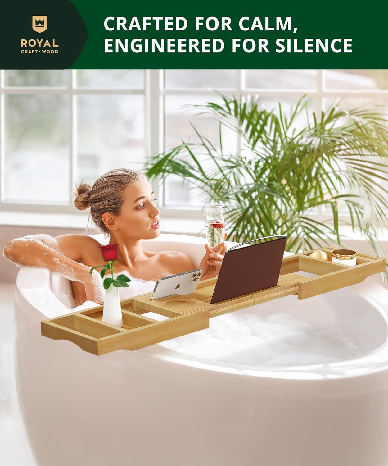 Premium Foldable Bathtub Tray - Wood Bath Tray for Tub, Bamboo Shelf