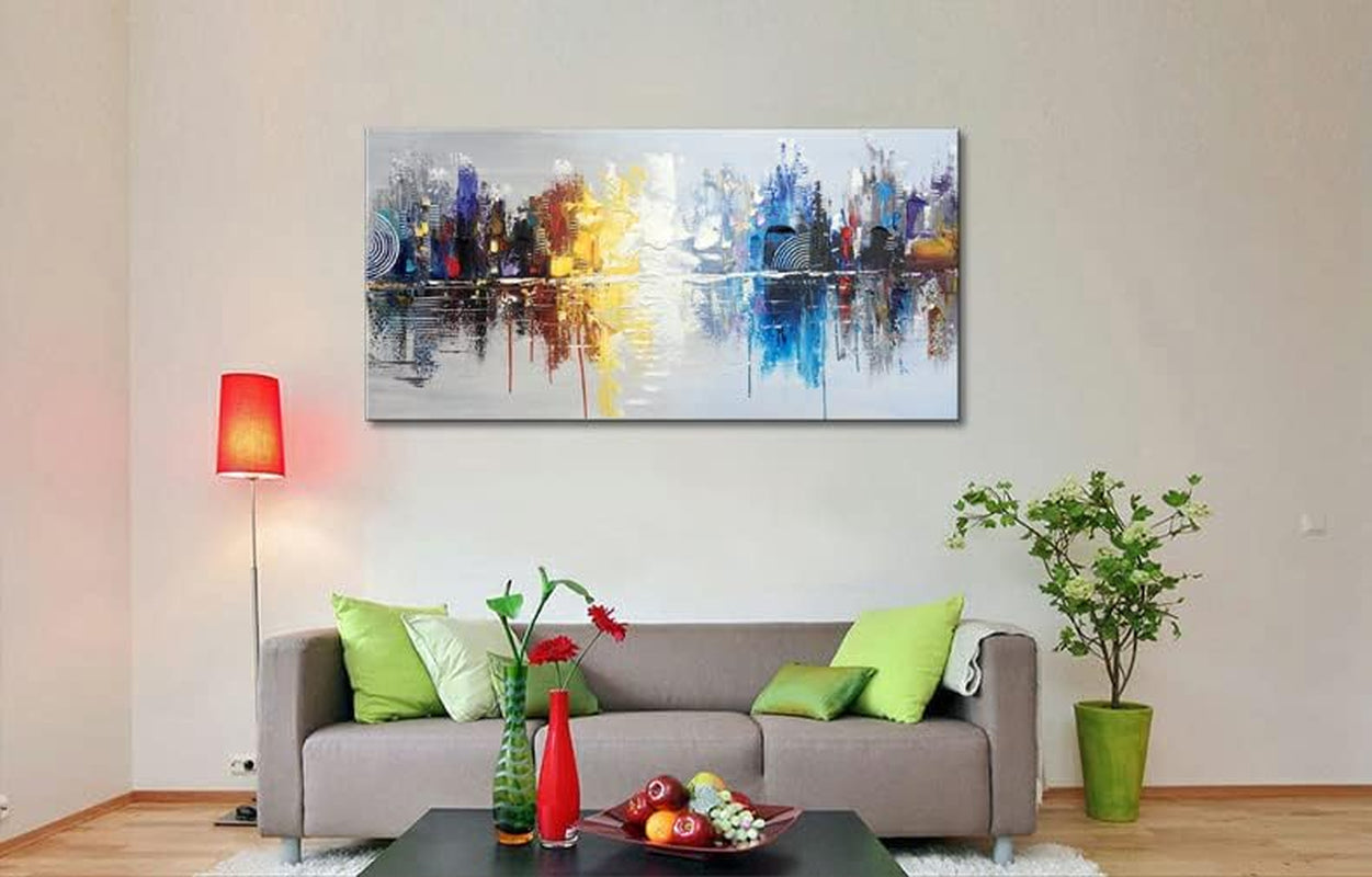 Hand-Painted Textured City Oil Painting on Canvas Reflection Abstract Cityscape Wall Art for Decor