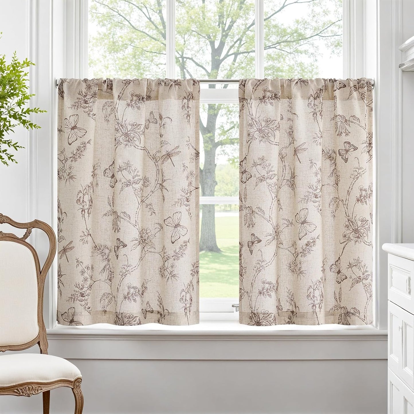 Floral Kitchen Curtains for Windows 36 Inch Farmhouse Country Linen Tier Curtains, Botanic Small Window Drapes, Rod Pocket Rustic 2 Panels Tan on Beige