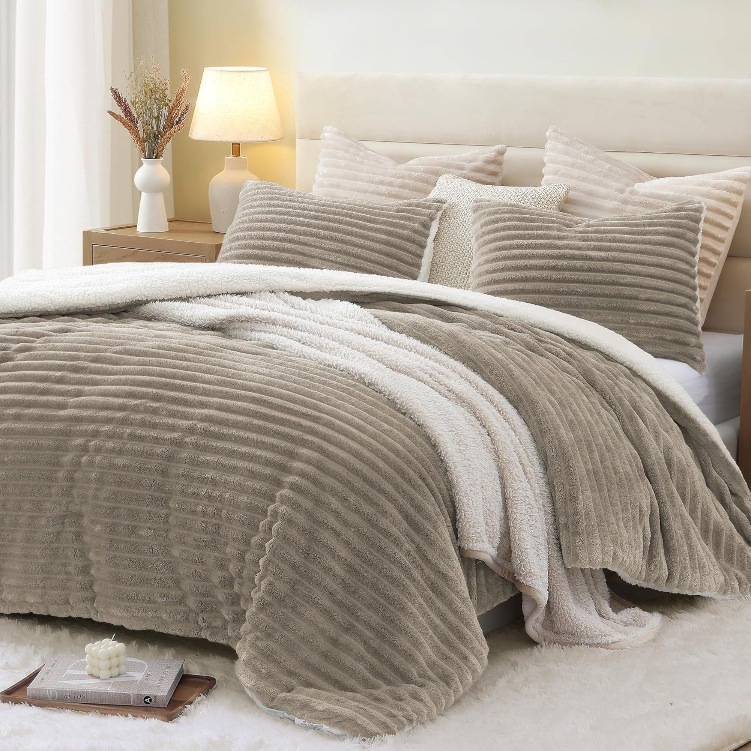 Twin Sherpa Comforter Set with 1 Pillow Sham, Reversible 2-Piece Bed Set (Taupe, 66'' X 86'')